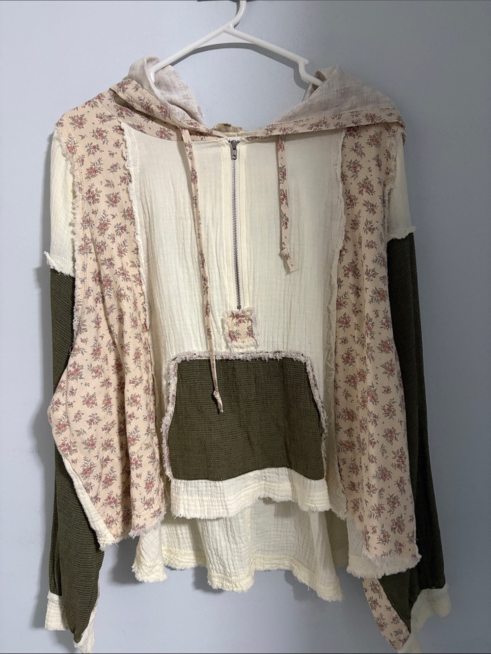 Pol. Cream & Olive Floral Panel Hoodie - Women Tops